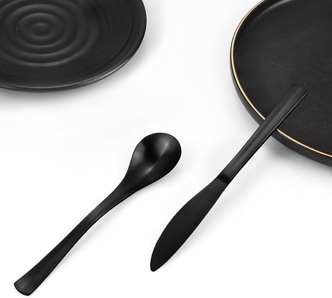 Bysta 24 Piece Black Silverware Set, Knife Fork Spoon Set, Stainless Steel Flatware Cutlery Set, Kitchen Utensil Set Service for 8, Tableware Set for Home and Restaurant, Dishwasher Safe, Satin Finish