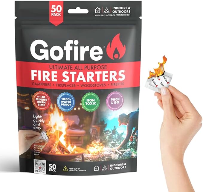 Travel Fire Starter for Camping, Hiking, Backpacking | Uses: Grill, Campfire, Fireplace, Wood Stove | All Purpose, Portable, Waterproof | Heat During Cold Rain & Snow | 50 Pieces