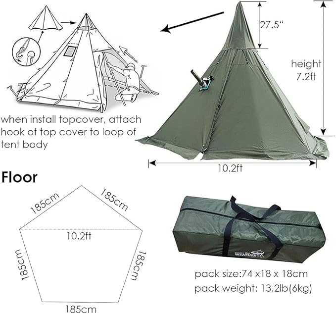 WINTENT Waterproof 4 Season Teepee Tent with Stove Jack for 4 Person Camping