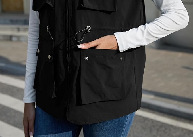 PESION Womens Packable Military Utility Vests Outerwear Waterproof Windbreaker Jacket Cargo Vest with Removable Hood