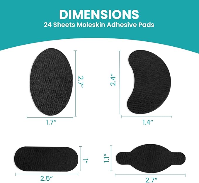 Moleskin Strips with Adhesive Blister Prevention Pads Mole Skin Tape Stickers for Feet Heel Shoes Padding-24 Sheets of 4 Shapes,Black