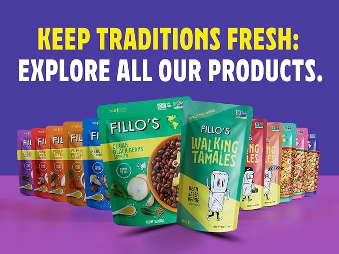 Fillo's Puerto Rican Rice And Gandules - Ready To Eat Rice With Beans, Gluten-Free, Preservative-Free, Microwavable Meals, Non-GMO, Vegan, Plant Protein, 8 oz Pk of 6