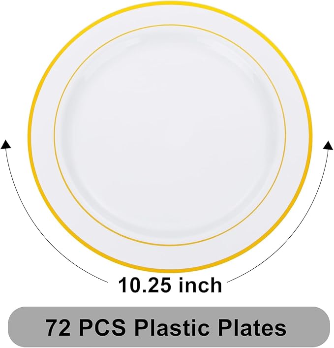 WELLIFE 72PCS Gold Plastic Plate, 10.25Inch Disposable Dinner Plate Party with Gold Rim, Heavy Duty Disposable Plastic Plates for Party, Wedding, Birthday.