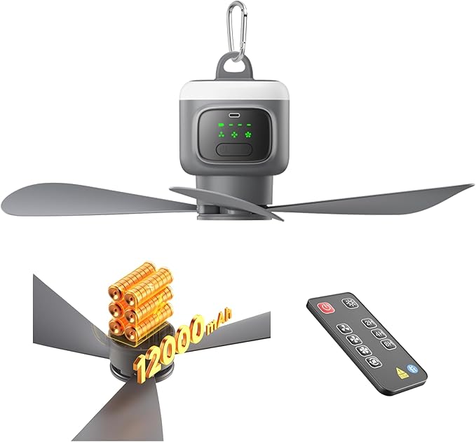 18 Inch Canopy Fan,12000mAh Portable Outdoor Ceiling Fan with Light with Remote Control and Hanging Hook, Easy Operation Battery Powered Fan Light for Gazebo, Tent, Patio, Camping