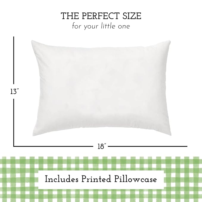 Little Sleepy Head Toddler Pillow with Pillowcase 13x18 - Kids Pillow for Sleeping - Better Neck Support Ergonomic Pillow and Toddler Pillowcase - Best Pillows for Kids (Gingham Green)