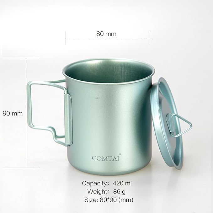 Titanium Camping Pot Mug 15oz (420ml) with Lid and Foldable Handle – Ultralight Camping Cup for Hiking, Backpacking, Outdoor Cooking, Cyan