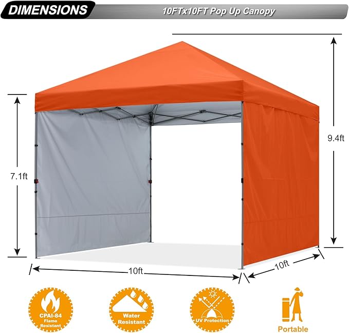 ABCCANOPY Pop up Canopy Tent with 2 Sidewalls for Outdoor Sun Blocking or Rain Protection,10x10, Orange