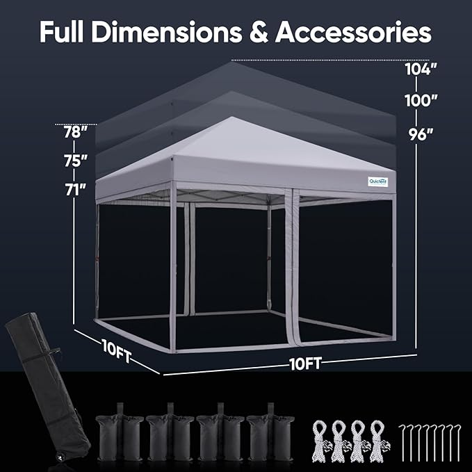 Quictent 10'x10’ Pop up Screened Canopy Tent with Mosquito Netting, Portable Easy up Outdoor Screen House Shelter for Patio, Camping and Picnic, Includes Wheeled Carry Bag (Grey)