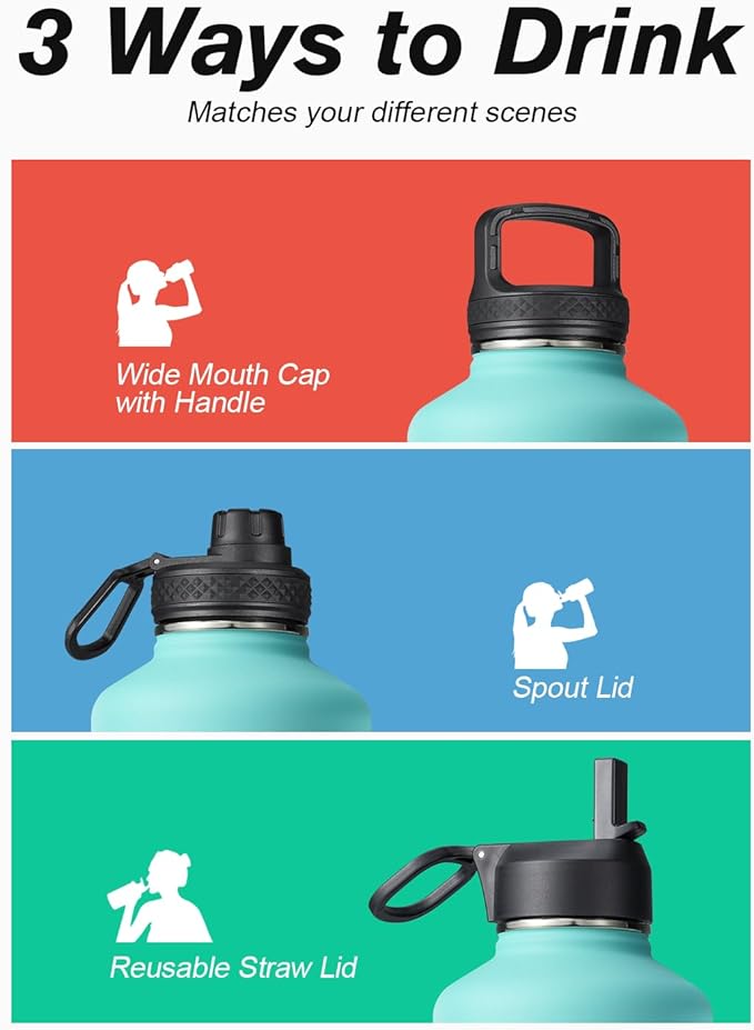Insulated Water Bottle 64 oz with Straw & 3 Lids, Coolflask Half Gallon Water Jug Large Metal Stainless Steel Wide Mouth for Sports, Gym or Office, Non-BPA Keep Cold 48H Hot 24H, Pacific Prince