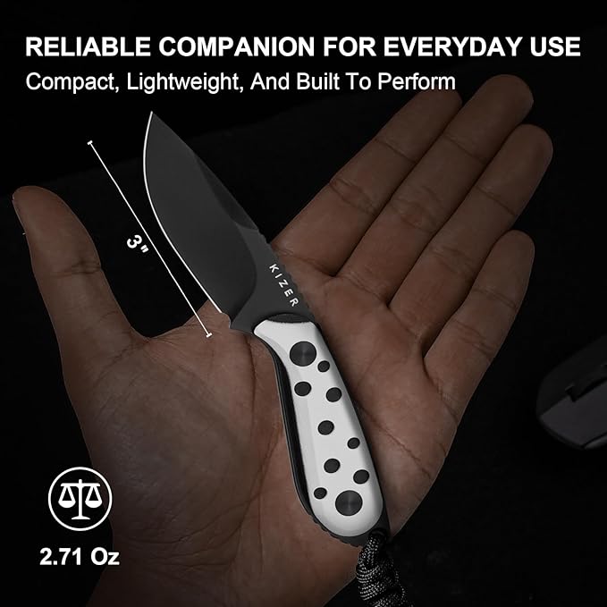 Kizer Buddy Fixed Blade Knife, 3" Nitro-V Steel Camping Knife with Black & White G10 Handle, Compact EDC Fixed Blade Knives with Sheath for Hiking & Camping 1081A3