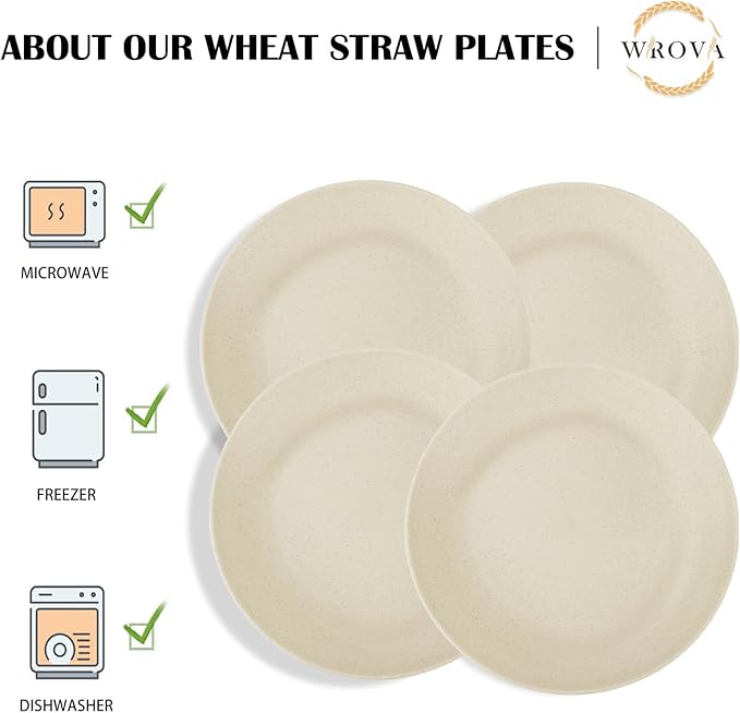 Wheat Straw Dinner Plates 9 Inch Unbreakable Set of 8 - Dishwasher & Microwave Safe Plastic Plates Reusable - Lightweight Plates for kitchen,camping,salad,appetizer - Beige