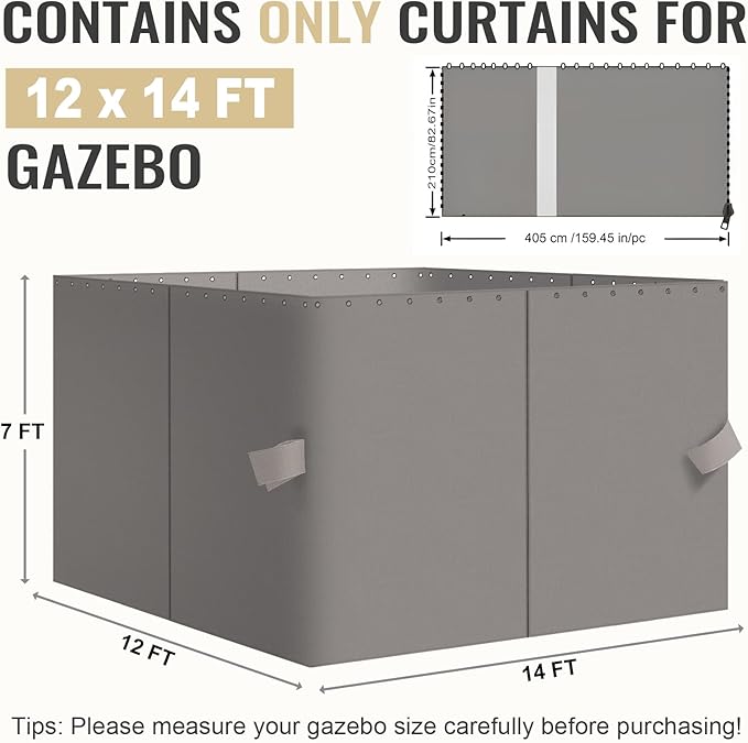 COWVIE 4-Panel 12' x 14' Gazebo Replacement Curtains, Patio Privacy Sidewalls with Double Zipper, Replacement for Outdoor Gazebo Canopy (Curtain Only)
