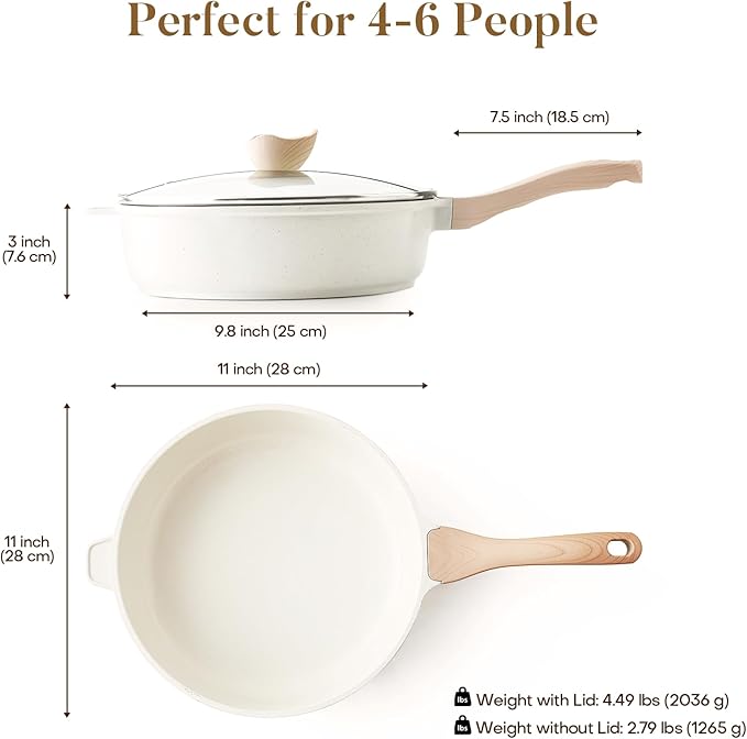 Nonstick Ceramic Deep Frying Pan, 11 Inch Non Toxic Skillet with Lid, Healthy Jumbo Cooker, Saute Pan for Cooking, Induction Cookware, PFOA & PFAS Free (Cream)
