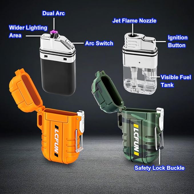 LcFun 2 Pack Waterproof Outdoor Lighter, Windproof Torch Lighters Butane Refillable, Electric Dual Arc Plasma Lighter USB Rechargeable, Tactical Survival Gear Gadgets for Men for Camping, Hiking