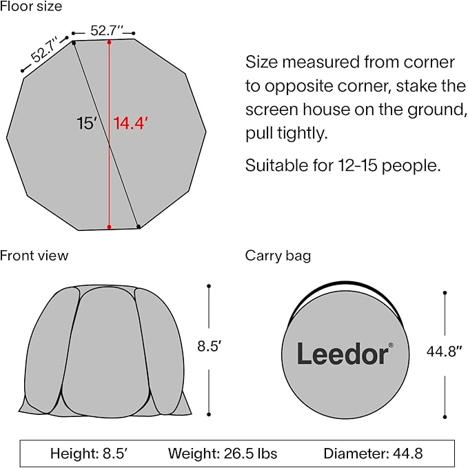 LEEDOR Pop Up Screen House, 6-10-15 Person Outdoor Screen Tent,Camping Screen Room with Carry Bag, Screened Gazebo with Mosquito Netting, Instant UV Resistant Sun Shelter for Garden, Patio, Backyard