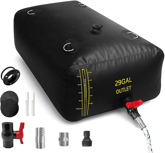 110L/29 Gal Water Bladder with Water Level Indicator, PVC Foldable and Portable Water Tank with 3 Connectors and Overflow Kit, Ideal for RV, Camping, Rainwater Collecting,Planting Watering