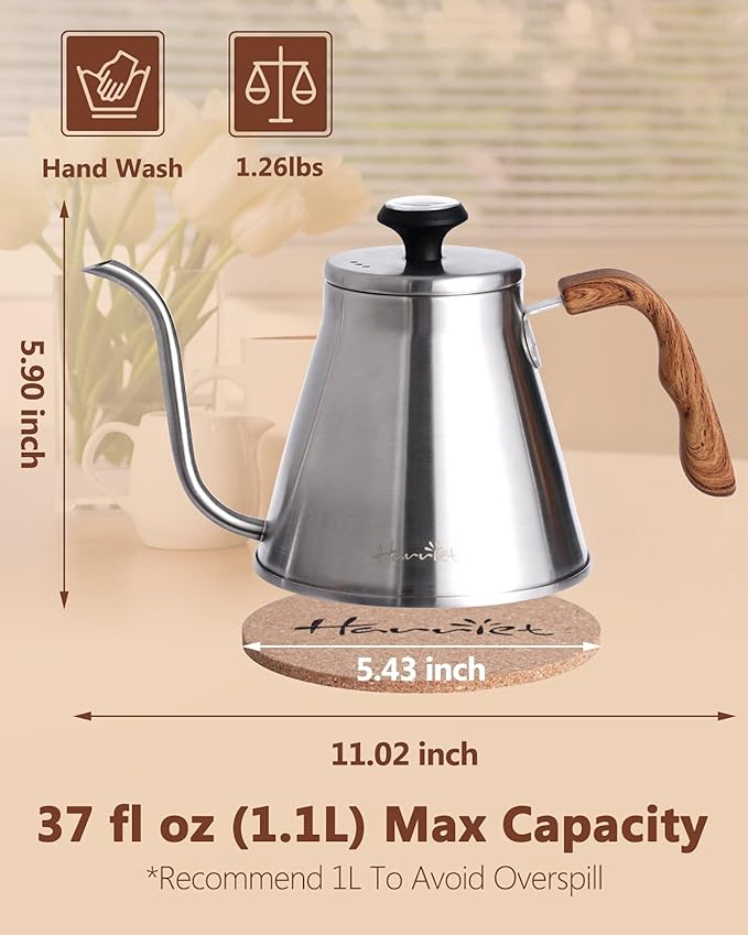 Harriet Gooseneck Kettle with Thermometer for Pour Over Coffee and Tea, 37 fl oz, Stainless Steel, Durable 3-Layer Base, Ideal Spout for Precision Pouring, Compatible with all Stove Tops