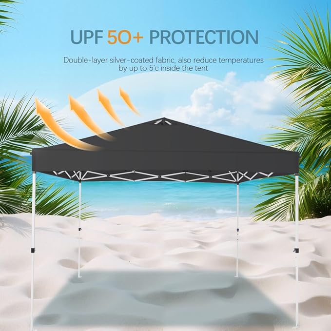 10x10 Pop Up Canopy Tent – One-Person Setup, Waterproof & UV-Blocking, Heavy-Duty Steel Frame, Wheeled Bag & Sandbags – Outdoor Shade for Beach, Camping, Backyard, Tailgate, Events (Black)