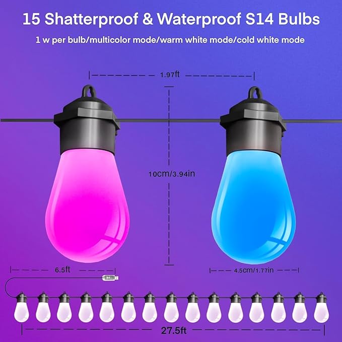 Honche Smart Outdoor String Lights, 36FT Outdoor Lights with 15 Dimmable RGB LED Bulbs, Color Changing 213 Scene Modes for Patio, Backyard, Garden,Balcony, Camping,Waterproof,Remote/APP Control,USB
