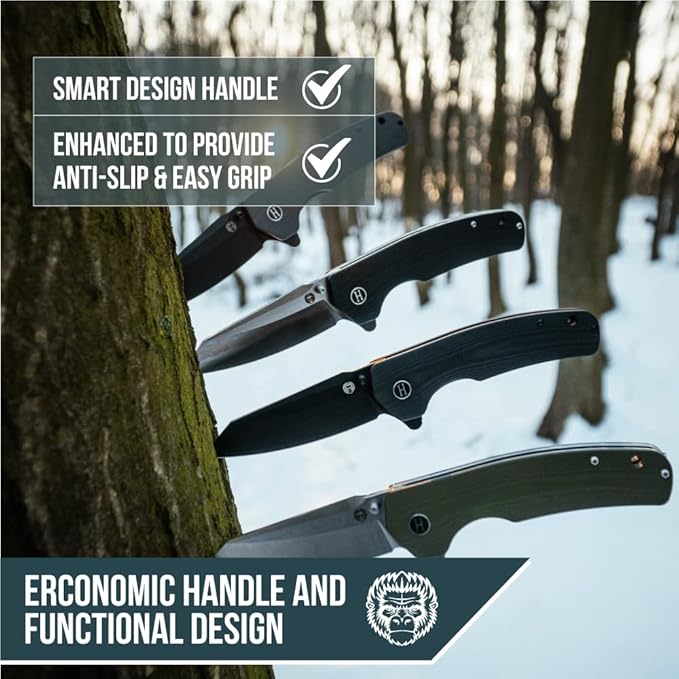 Holtzman's Gorilla Survival - The Clip Point Folding Pocket Knife (Silver) - D2 Steel Blade - Tactical EDC Knife with G10 Handle & Pocket Clip
