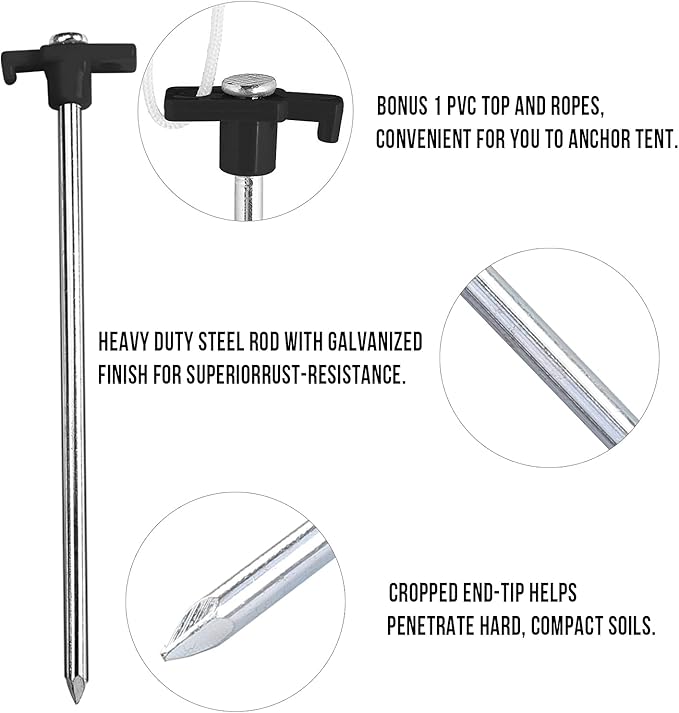 ABCCANOPY 8 Inch Tent Stakes 10 Pcs Non-Rust Metal Ground Anchors, Heavy Duty Spikes with 4 Ropes for Outdoor Camping, Black