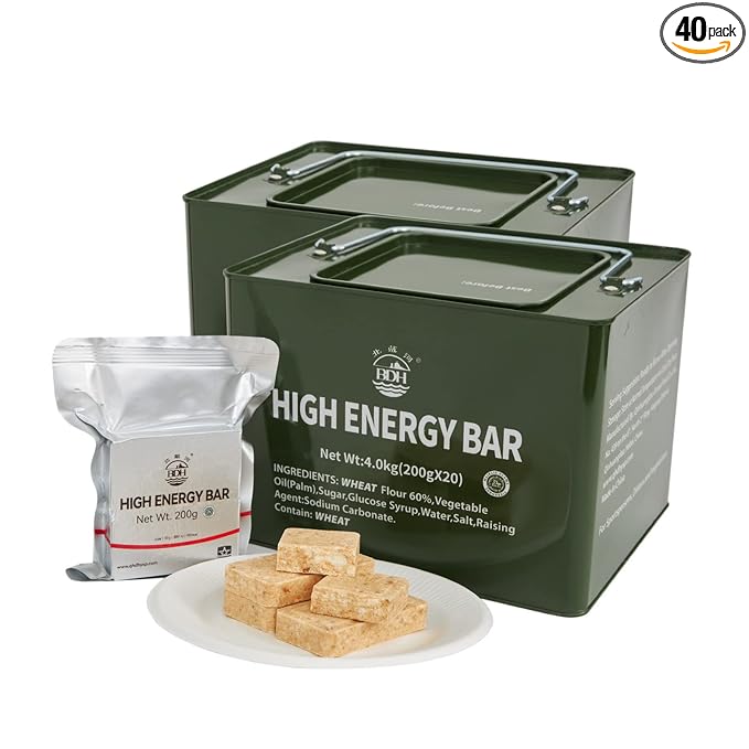 Meal Ready To Eat Emergency Food Rations, Long Self Life Survival Food Bars, High Eneger Bars for Camping, Hiking, Military,Outdoor Disaster, 40 Pack with 2 Tin Boxes