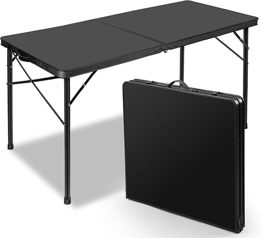 4FT Folding Table, Compact and Portable Camping Table, Adjustable Height Metal Foldable Table for Outdoor Picnic, Garden, Patio, Dining, BBQ, Party, Market (Large, Black), 47.2" x 23.6"