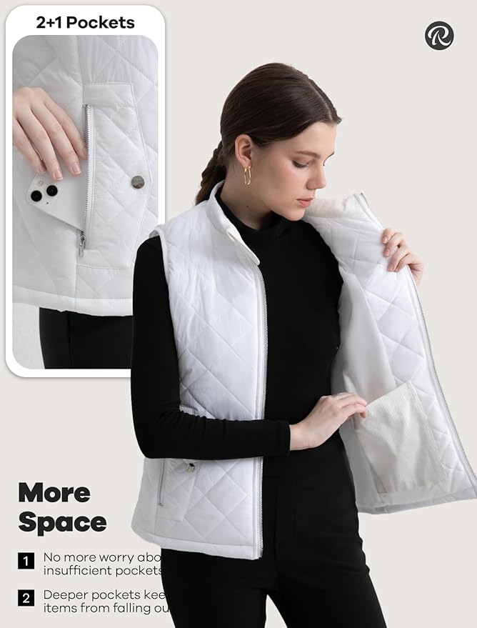 Women's Vest, Quilted Puffer Water-Resistant Zip With Pockets