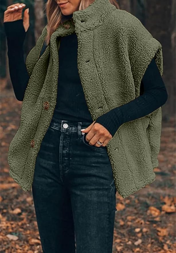 Hongqizo Womens Fuzzy Fleece Vest Casual Oversized Warm Button Down Sherpa Vest Jacket with Pockets