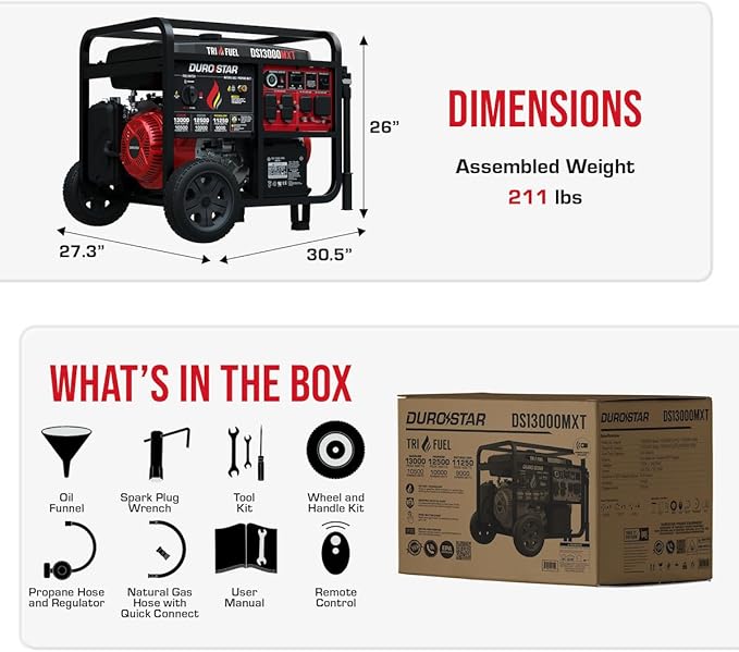 DS13000MXT 13,000-Watt 500cc Tri Fuel Portable Generator - Gas, Propane & Natural Gas, Remote Electric Start, Whole Home Power Backup, Transfer Switch Ready, RV & Emergency Ready
