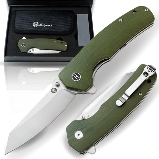 Holtzman's Gorilla Survival - The Clip Point Folding Pocket Knife (Silver+Green) - D2 Steel Blade - Tactical EDC Knife with G10 Handle & Pocket Clip