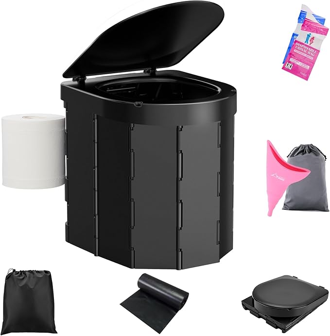 Portable Toilet for Camping, Porta Potty for Adults, Outdoor Folding Travel Toilet with Lid and Retractable Paper Holder, Includes Carry Bag, Female Urination Device and 4 Disposable Urine Bags