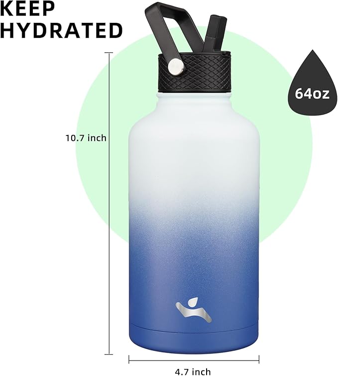 Half Gallon Insulated Water Bottle with Straw,64 oz 3 Lids Water Jug with Carrying Bag,Paracord Handle, Double Wall Vacuum Stainless Steel Metal Flask,Sky