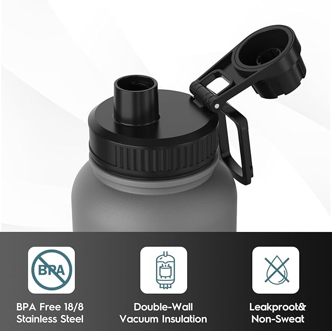 Navigate 40 oz Insulated Stainless Steel Sports Water Bottle with Spout & Handle Lids,Wide Mouth Water Jug with Double Walled Leak Proof Keep Cold for 24 Hrs Hot for 12 Hrs,Grey