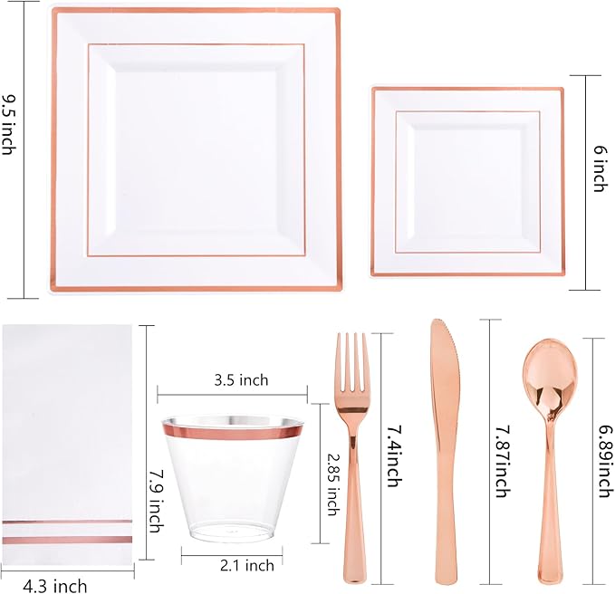 Festiva 350Pcs Rose Gold Plates and Napkins Party Supplies-Square White and Rose Gold Disposable Dinnerware include Plates Cups Cutlery Napkins for 50 Guests Wedding &Party&Mother's Day