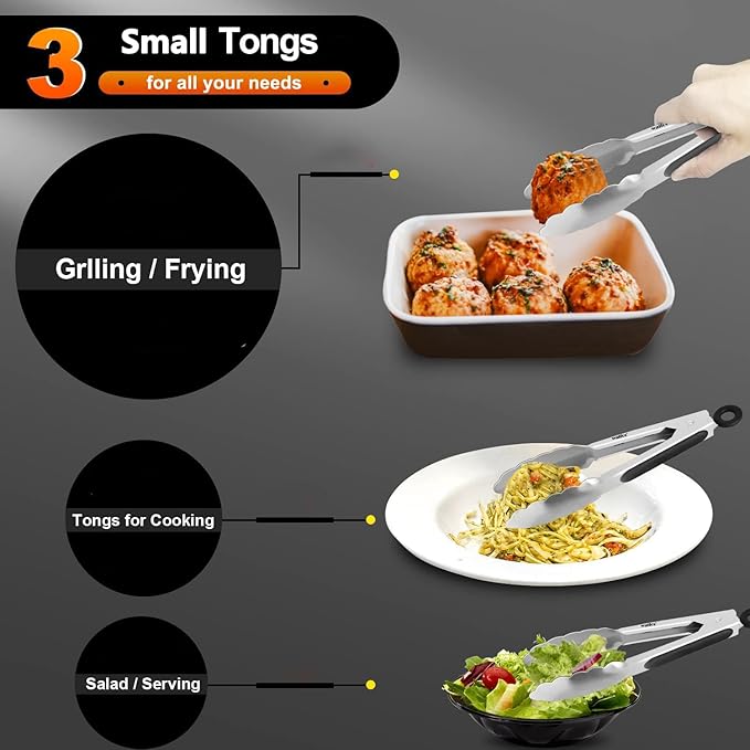 Walfos Kitchen Small Tongs - 7 inch Heavy Duty Mini Food Tongs, Stainless Steel and Non-Slip Heat Resistant Handle - Great for Cooking, Salad, Grilling and Barbecue,3 Piece