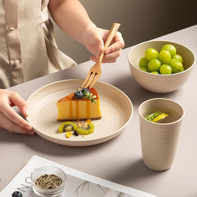 18PCS Wheat Straw Dinnerware Sets Unbreakable Dinnerware Set Lightweight Dish Set Cups Plates and Bowls Set Microwave and Dishwasher Safe Dishware Sets