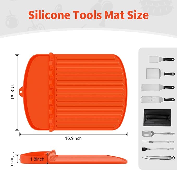 Silicone Griddle Tools Mat for Blackstone,16.9"x 11.8" Spatula Mat with Drip Pad,Heat-Resistant Grill BBQ Caddy Utensils Holder for Kitchen,Cooking & Countertop,Side Shelf Mat Blackstone Aceessories