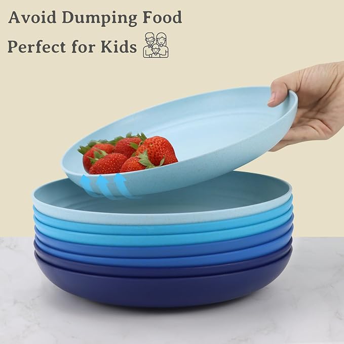 Wheat Straw Salad Plates - 9 Inch Unbreakable Dinner Set of 8 Dishwasher & Microwave Safe Plastic Reusable Lightweight for kitchen,camping (Ocean),Ocean Series:Gradient Blue
