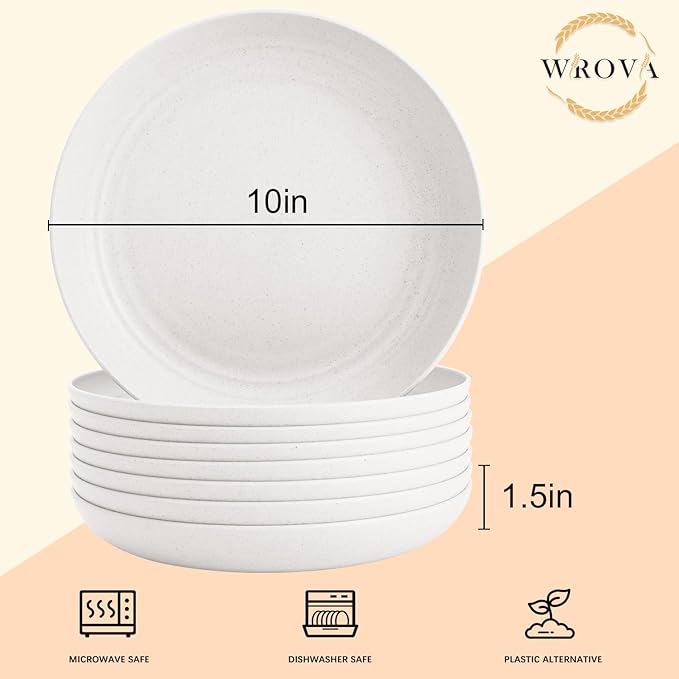 Wheat Straw Plates - 10 Inch Unbreakable Dinner Plates Set of 8 - Dishwasher & Microwave Safe Plastic Plates Reusable for kitchen and camping (White)