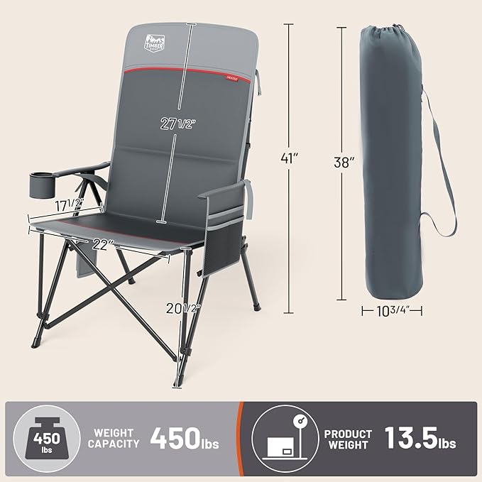 TIMBER RIDGE Oversized Heated Camping Chair with Lumbar Support, Portable Folding Chair Heavy Duty for Adults Supports 450 LBS for Outdoor Camping, Lawn, with High Back (Power Bank not Included)