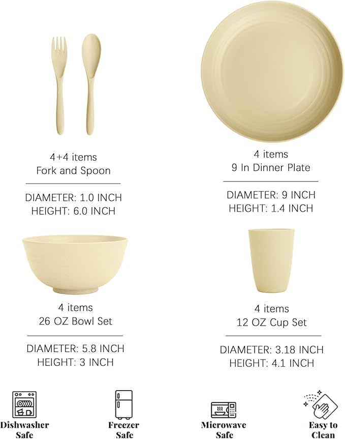 Wheat Straw Dinnerware Sets for 4 | Unbreakable Toddler Plates and Bowls Sets 20 PCS, Kids Dinner Plates, Cups, Microwave Safe Plastic Dishes Set for Kitchen, Dorm, Camping (Beige)