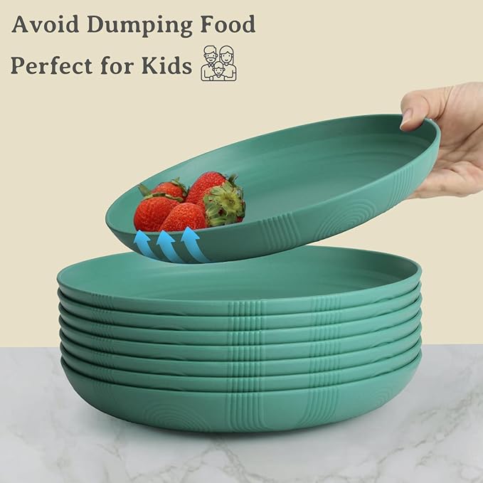Wheat Straw Plates - 10 Inch Unbreakable Dinner Plates Set of 8 - Dishwasher & Microwave Safe Plastic Plates Reusable for Indoors and Outdoors (Green)