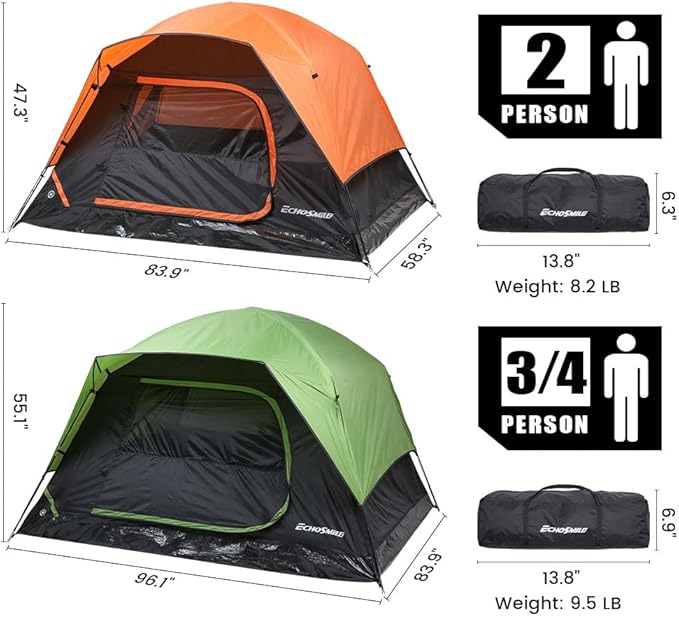 EchoSmile 2/4 Person Camping Tent, Lightweight Dome Family Tent with Rainfly, Easy Setup, Waterproof & Windproof Outdoor Shelter for Group Hiking, Backpacking, 3-Season Use