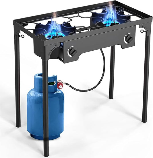 2 Burner Propane or LPG Gas Stove for Outdoor Cooking | 150,000 BTU High-Pressure Heavy-Duty Camping Stove with Regulator | Portable for Backyard, Patio BBQ, Baking, Frying