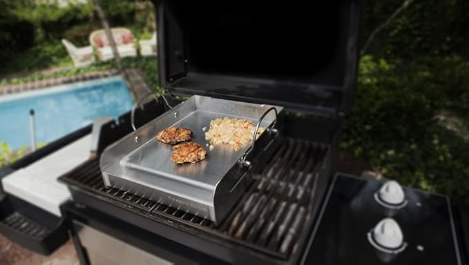 griddle-Q GQ120 100% Stainless Steel Medium-Sized Professional Griddle with Even Heating Bracing and Removable Handles for Charcoal/Gas Grills, Camping, Tailgating, and Parties (14"x16"x6.5")