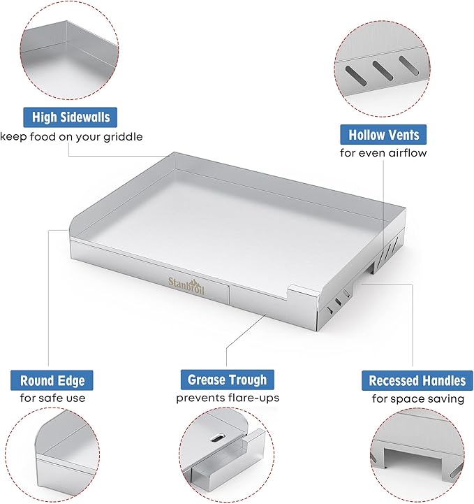 Stanbroil Universal Stainless Steel Grill Griddle with Even Heat Cross Bracing for BBQ Charcoal/Gas Grills, Camping, Tailgating, and Parties 18” x 12.5”