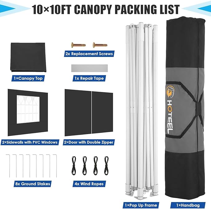 HOTEEL Canopy Tent 10x10 Heavy Duty Pop Up Canopy with Sidewalls, Commercial Instant Waterproof Tent for Vender Patio, UV 50+ with Silver Coated, Upgraded Thickened Hexagonal Legs, Black
