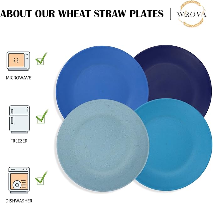 Wheat Straw Dinner Plates 9 Inch Unbreakable Set of 8 - Dishwasher & Microwave Safe Plastic Plates Reusable - Lightweight Plates for Kitchen,Camping,Apartment,Dorm,RV,Party - Ocean Series