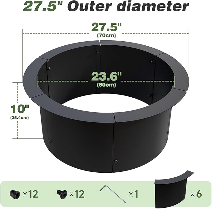 Fire Pit Ring Outdoor Wood Burning Fire Pit Liner 27.5 Inch Camping Fire Ring Painted Steel Firepit Ring Heavy Duty Campfire Ring Above or In-Ground for Bonfire Outdoor Backyard